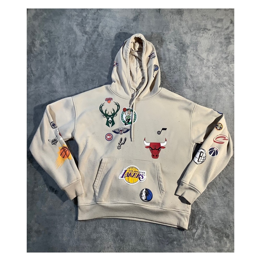 NBA Ultra Game All Over Team Logo‎ Hoodie Sweatshirt Beige Men's Size Small S